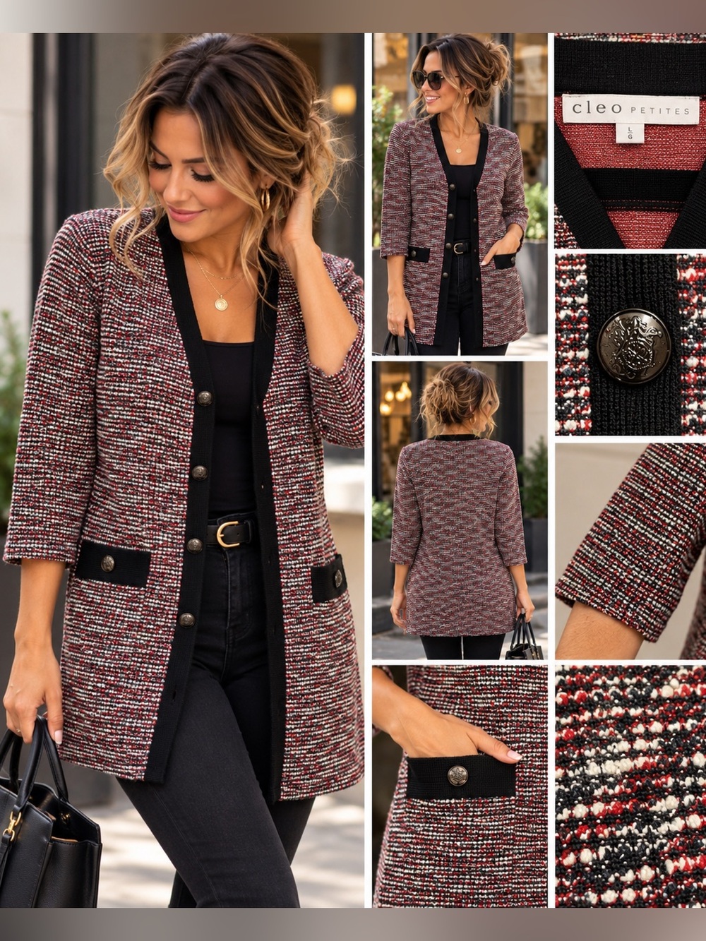 Cleo Red Black White Tweed Long Cardigan Blazer Jacket LP